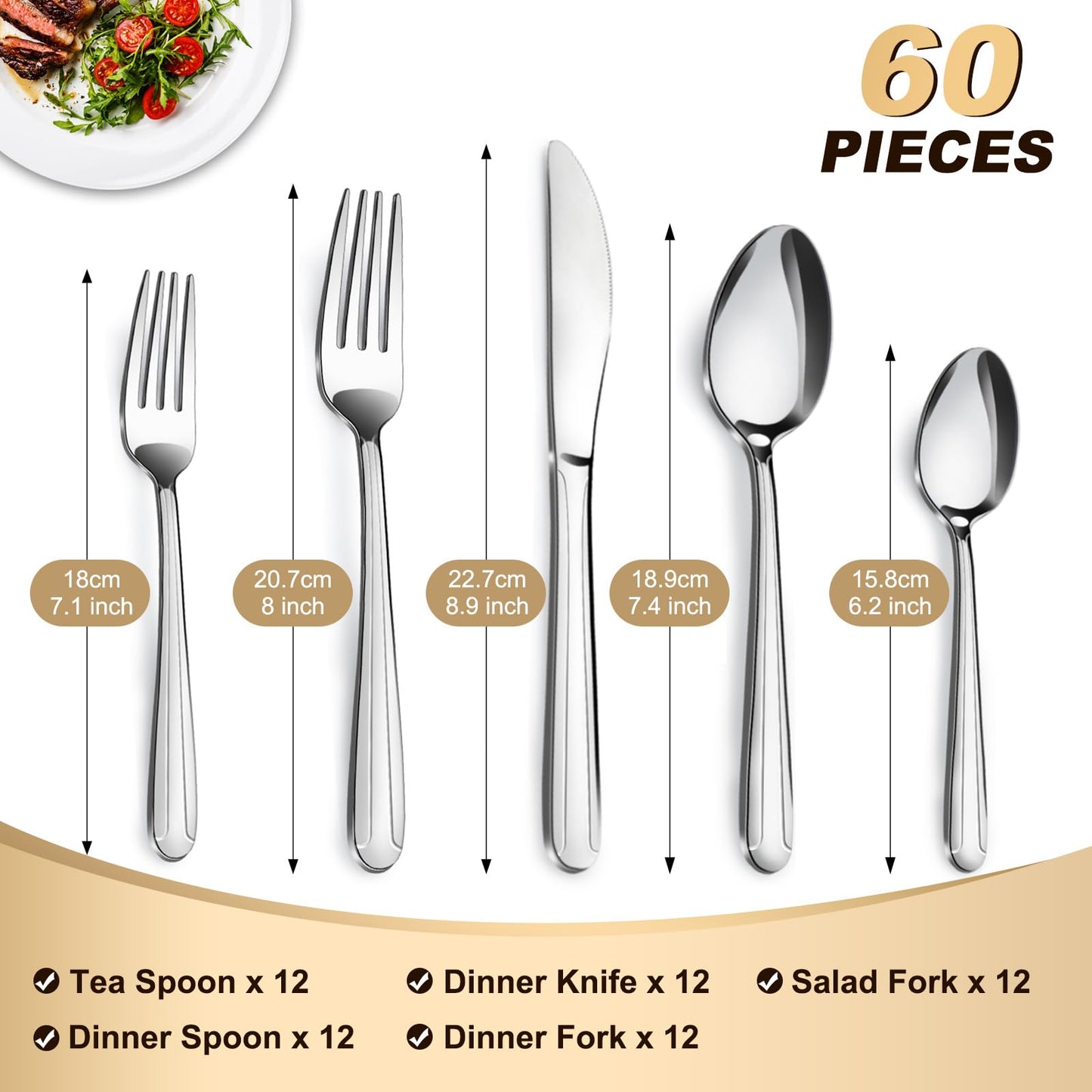 Stainless Steel Flatware with Steak Knives, Forks, Spoons, Knives - Dishwasher Safe for Home or Restaurant
