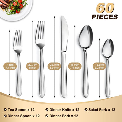 Stainless Steel Flatware with Steak Knives, Forks, Spoons, Knives - Dishwasher Safe for Home or Restaurant