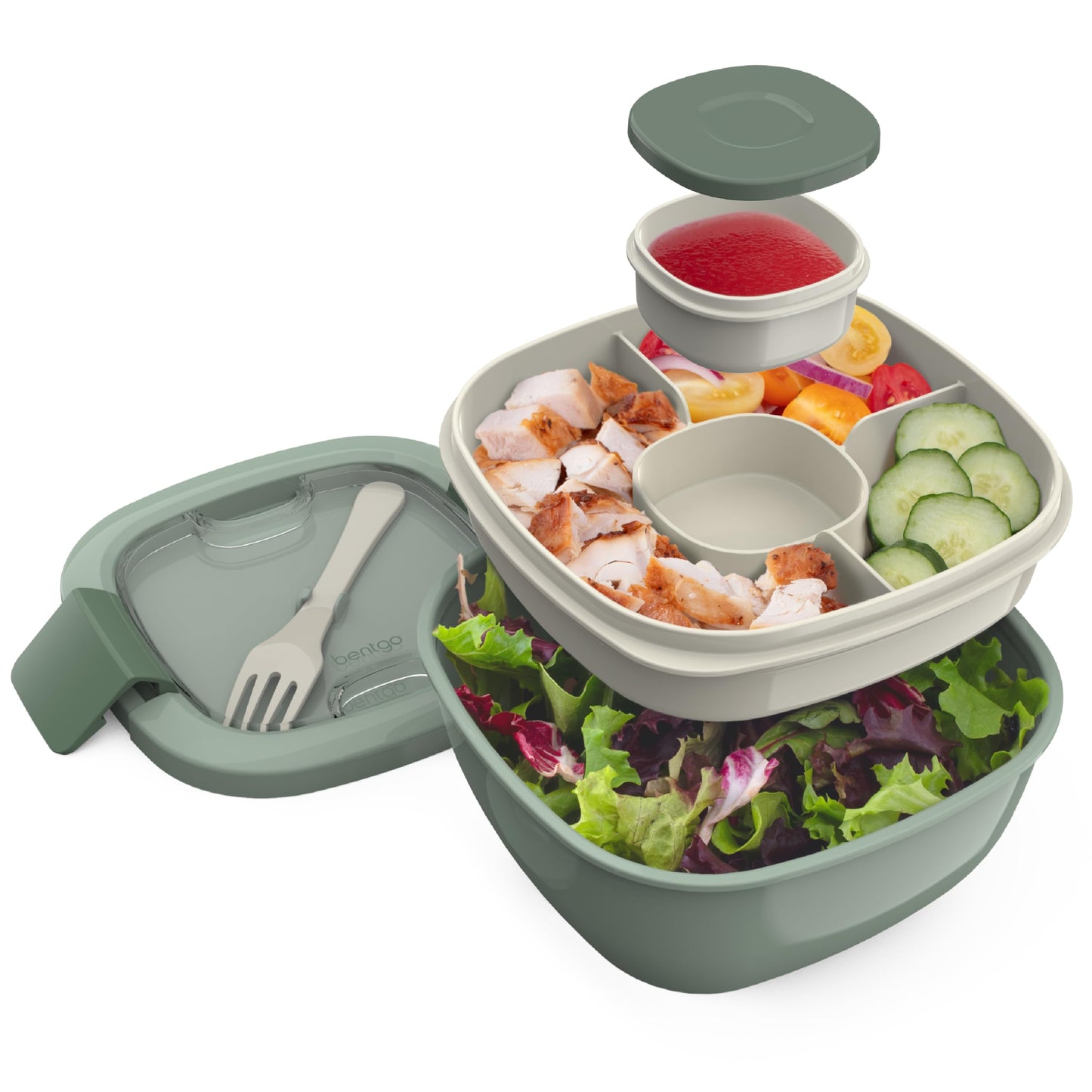 Salad Container - 54 oz Bowl with 4-Compartment Toppings Tray, Leak-Proof Dressing Container, Reusable Fork, BPA-Free Lunch Box for Meal Prep & Food Storage; Removable Bento Tray