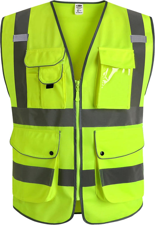 9 Pockets Class 2 High Visibility Zipper Front Safety Vest With Reflective Strips,Meets ANSI/ISEA Standard