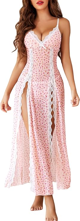 Lingerie Lace Babydoll Chemise Sexy Mesh Nightdress V Neck Nightwear Side Split Nightgown