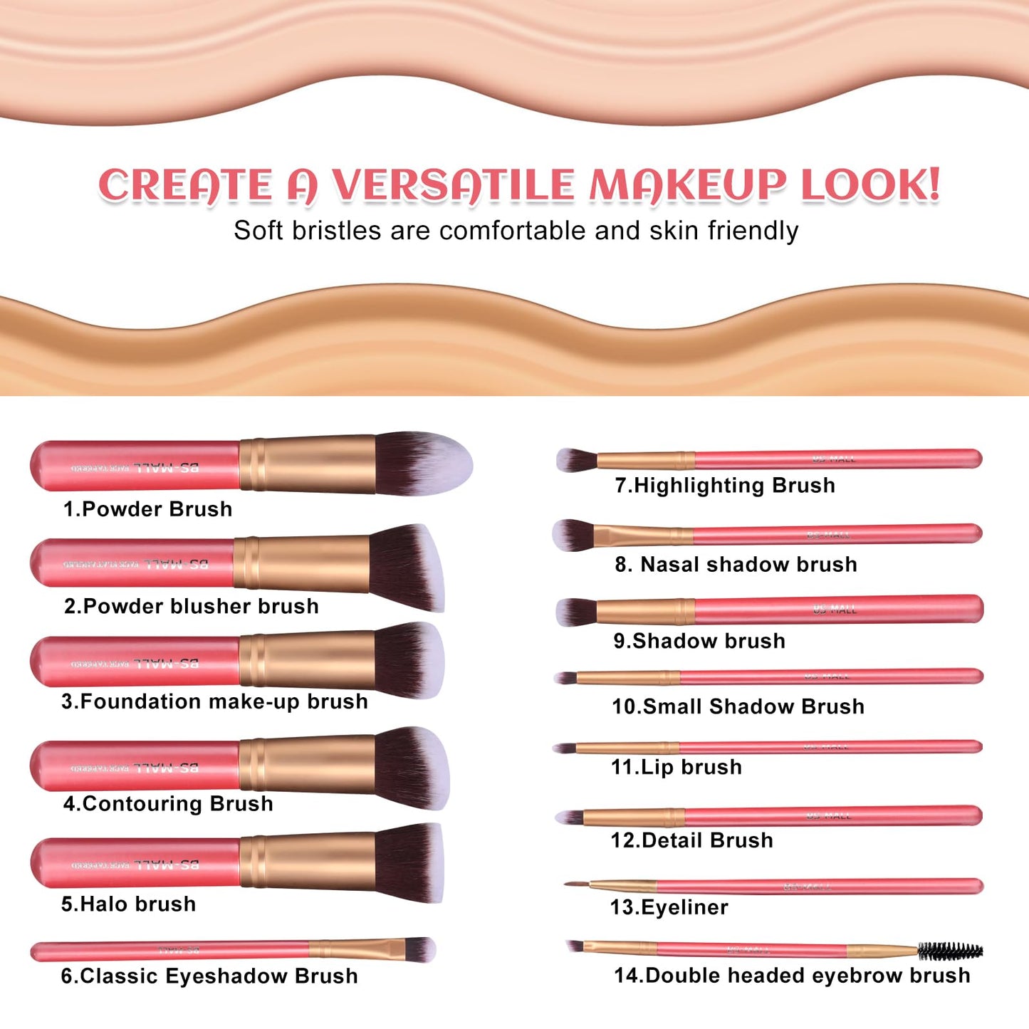BS-MALL New 14 Pcs Makeup Brushes Premium Synthetic Kabuki Makeup Brush Set Cosmetics