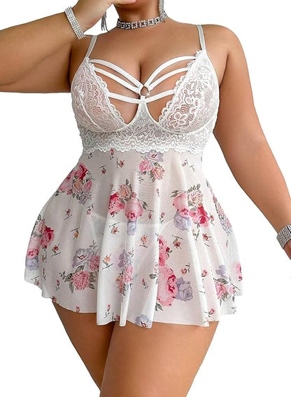 Plus Size Lace Lingerie Flower Print Nightwear Hollow Out Babydoll Chemise Sleepwear