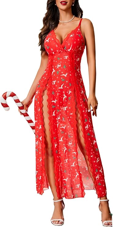 Lingerie Lace Babydoll Chemise Sexy Mesh Nightdress V Neck Nightwear Side Split Nightgown