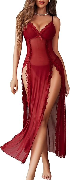 Lingerie Lace Babydoll Chemise Sexy Mesh Nightdress V Neck Nightwear Side Split Nightgown