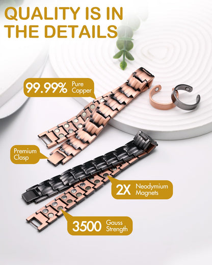Men's Copper Magnetic Bracelet and Ring Elegant 99.99% Solid Copper Bracelets with Sizing Tool.