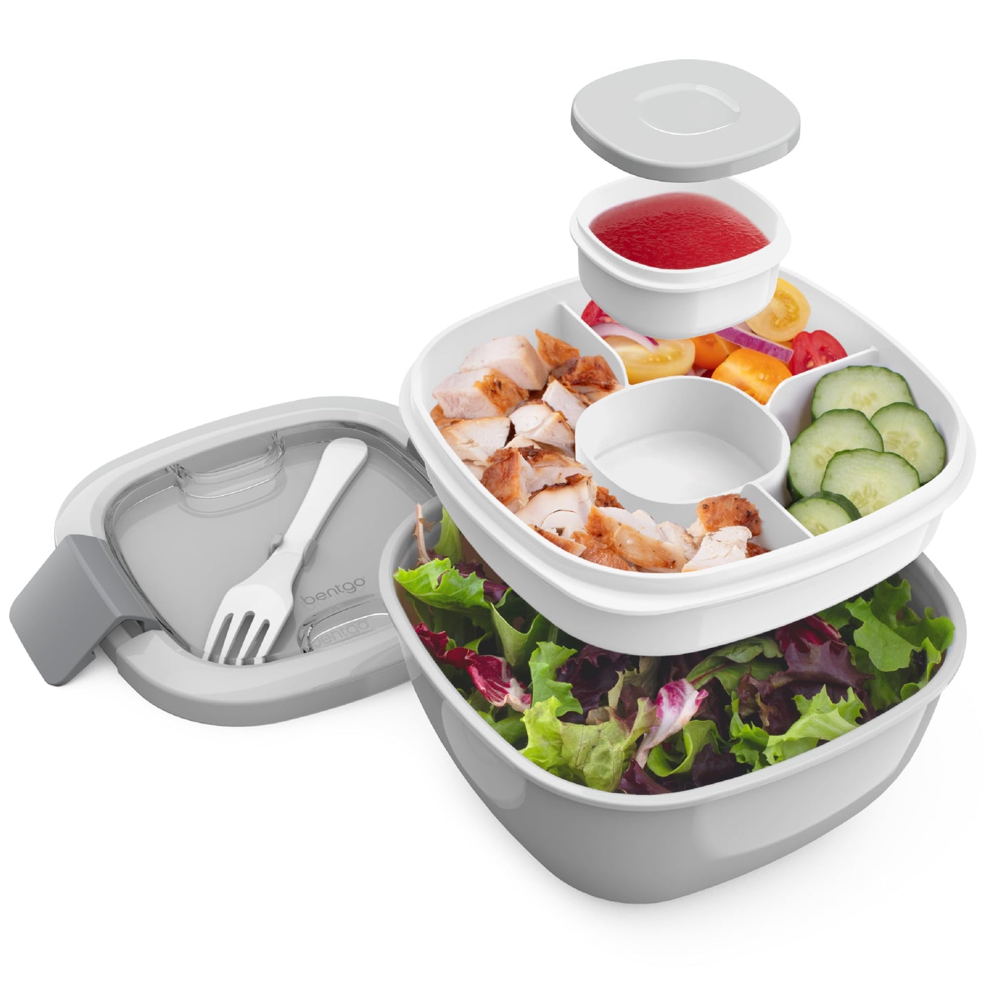 Salad Container - 54 oz Bowl with 4-Compartment Toppings Tray, Leak-Proof Dressing Container, Reusable Fork, BPA-Free Lunch Box for Meal Prep & Food Storage; Removable Bento Tray
