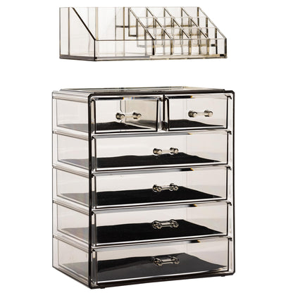 Acrylic Makeup Organizer Set, 7-Drawer Vanity & Countertop Cosmetic Storage with Small & Wide Compartments, Clear Makeup Storage for Brushes, Lipsticks, Jewelry