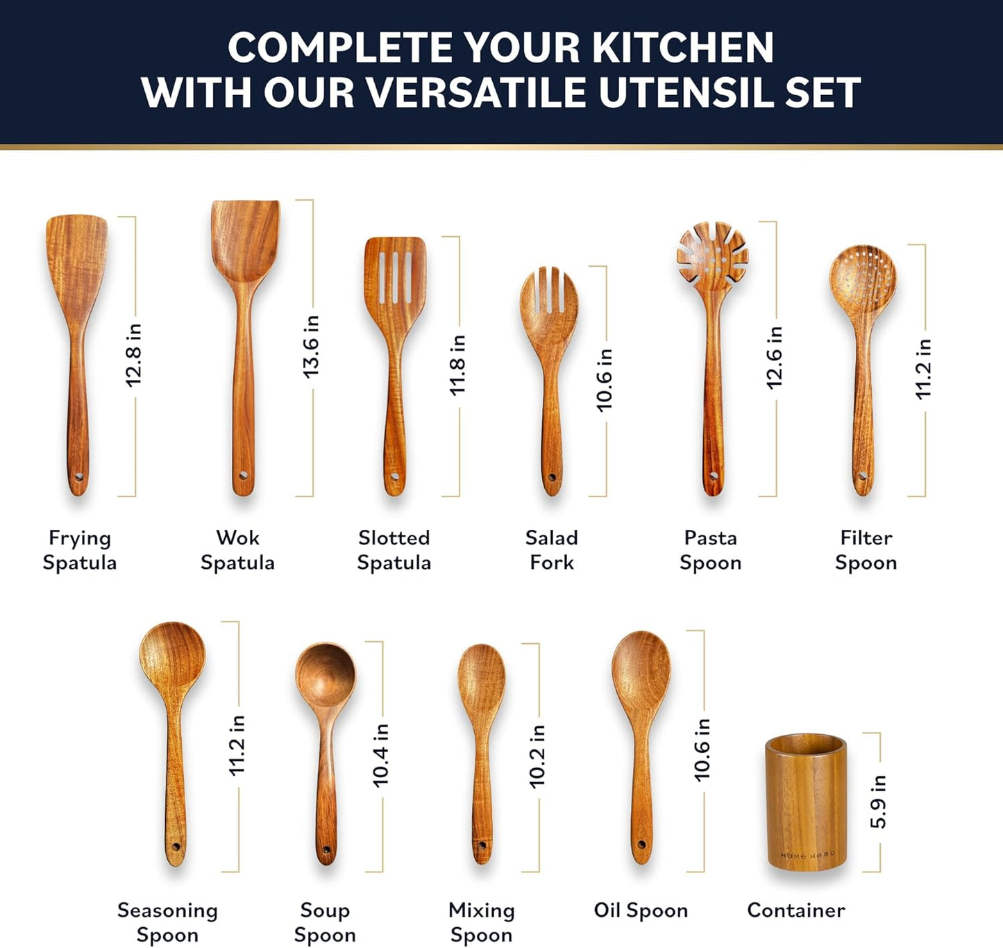 Wooden Utensil Set – Natural Teak Wooden Kitchen Utensils Set with Sturdy, Easy-to-Clean Wooden Spoons for Cooking – Non-Scratch Teak Cooking Utensils (11 pcs)