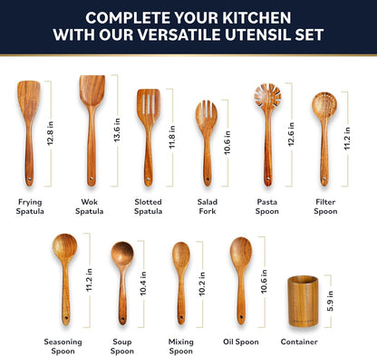 Wooden Utensil Set – Natural Teak Wooden Kitchen Utensils Set with Sturdy, Easy-to-Clean Wooden Spoons for Cooking – Non-Scratch Teak Cooking Utensils (11 pcs)