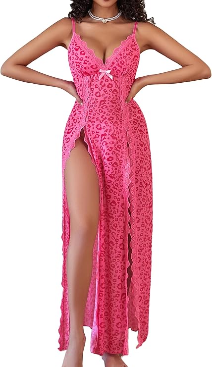 Lingerie Lace Babydoll Chemise Sexy Mesh Nightdress V Neck Nightwear Side Split Nightgown