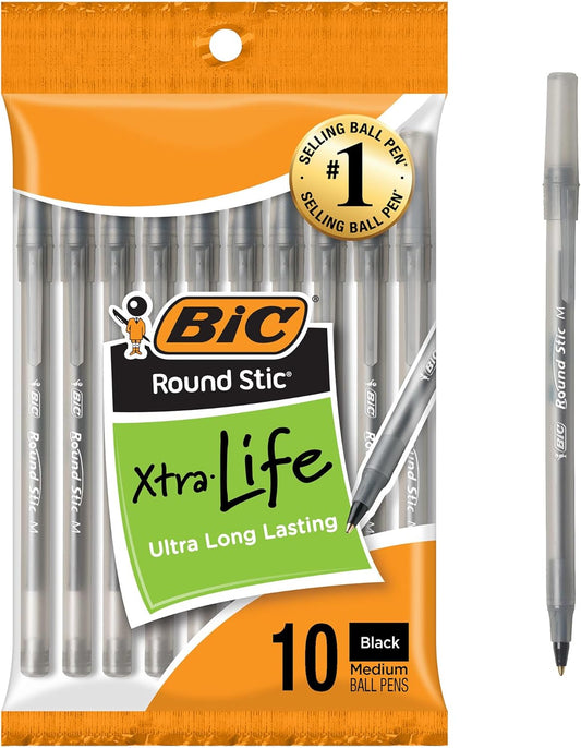 BIC Round Stic Xtra Life Black Ballpoint Pens, Medium Point (1.0mm), 10-Count Pack of Bulk Pens, Flexible Round Barrel for Writing Comfort, No. 1 Selling Ballpoint Pens