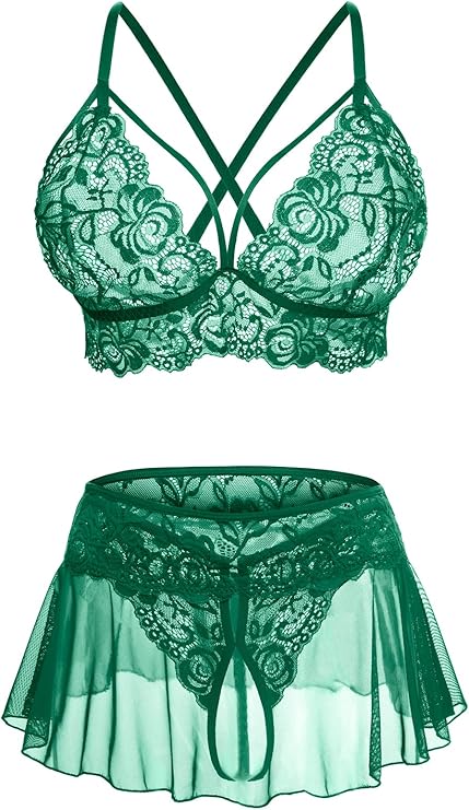 Sexy Lingerie for Women Naughty 3 Piece Lace Bralette, Mini Skirt with G-String Crotchless Lingerie Outfits