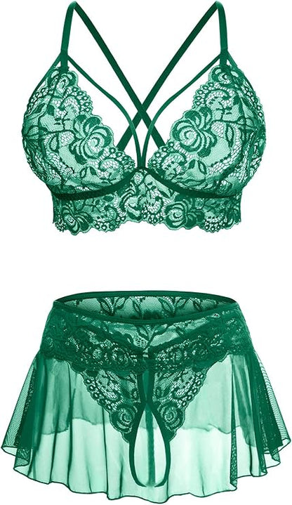 Sexy Lingerie for Women Naughty 3 Piece Lace Bralette, Mini Skirt with G-String Crotchless Lingerie Outfits
