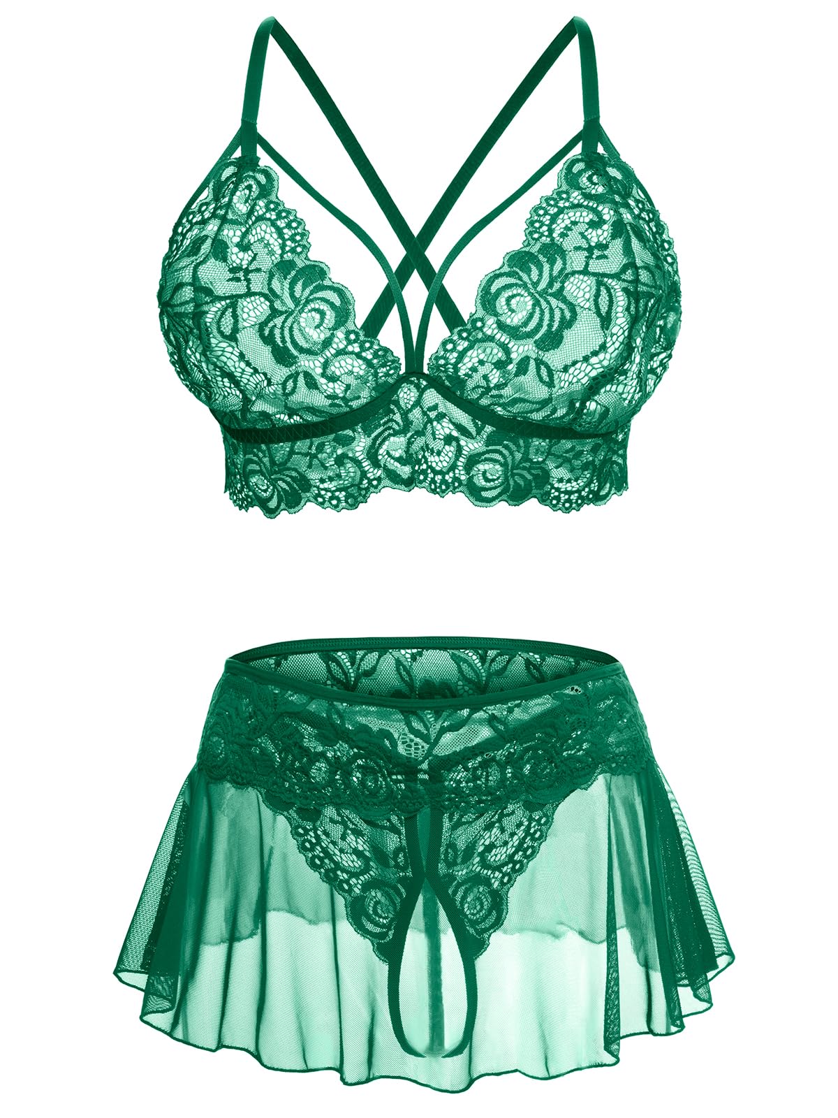 Sexy Lingerie for Women Naughty 3 Piece Lace Bralette, Mini Skirt with G-String Crotchless Lingerie Outfits