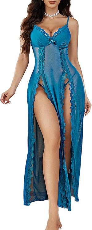 Lingerie Lace Babydoll Chemise Sexy Mesh Nightdress V Neck Nightwear Side Split Nightgown