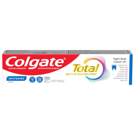 Colgate Total Active Prevention Travel Toothpaste, Whitening Toothpaste with Fluoride, Antibacterial, Mint, Clinically Proven Gum Health, Travel Size 1.4 oz