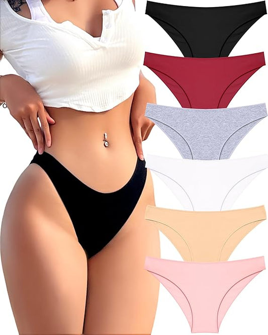 6 Pack Cotton Underwear for Women Cute Low Rise Bikini Panties High Cut Breathable Sexy Hipster Womens Cheeky