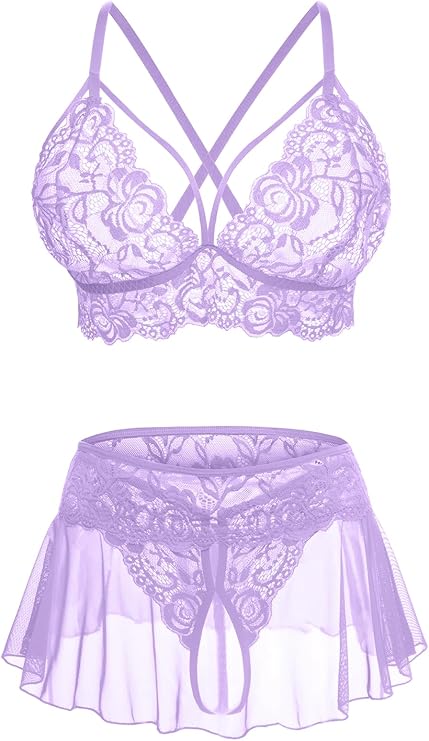 Sexy Lingerie for Women Naughty 3 Piece Lace Bralette, Mini Skirt with G-String Crotchless Lingerie Outfits