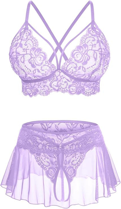 Sexy Lingerie for Women Naughty 3 Piece Lace Bralette, Mini Skirt with G-String Crotchless Lingerie Outfits