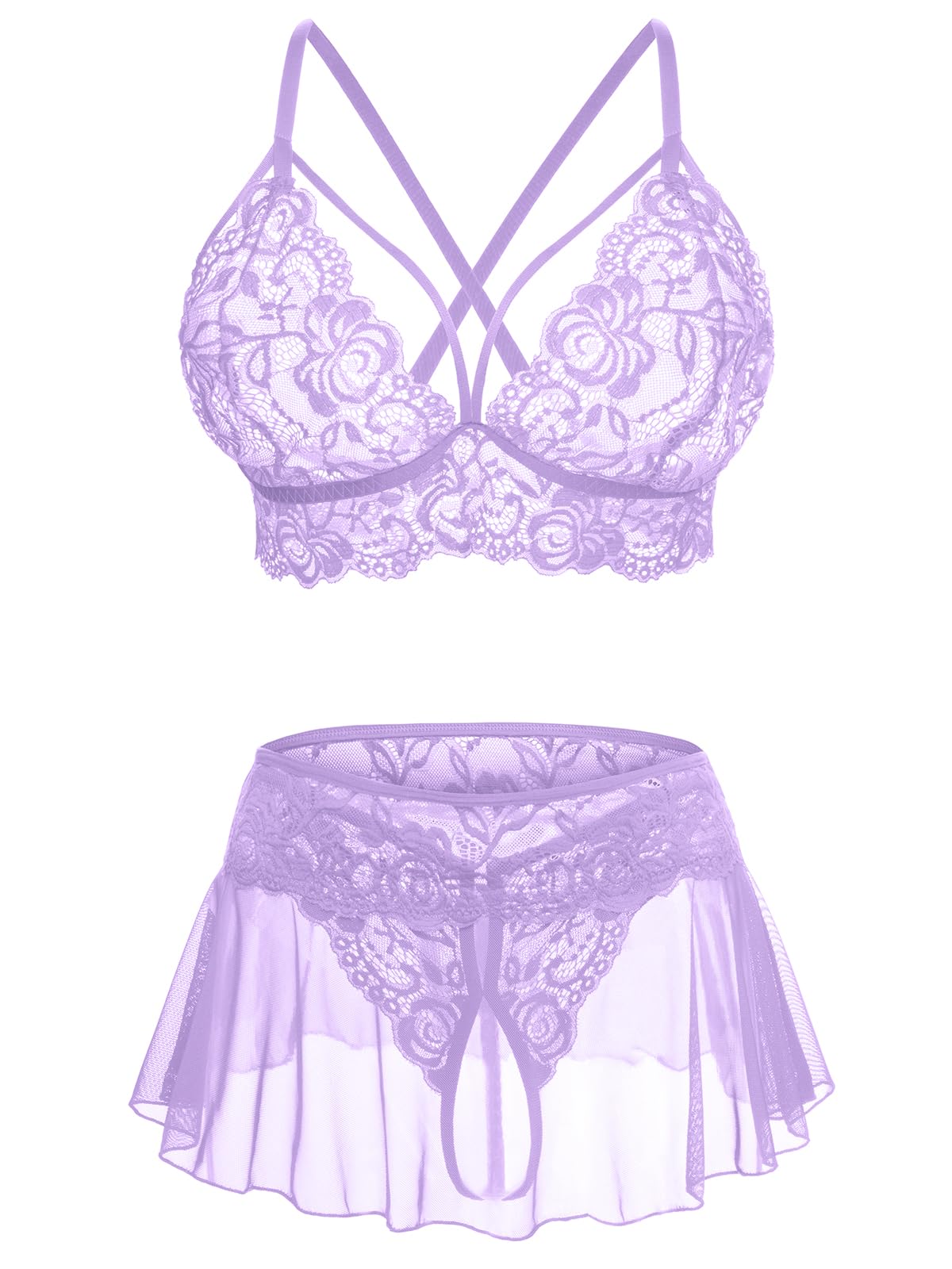 Sexy Lingerie for Women Naughty 3 Piece Lace Bralette, Mini Skirt with G-String Crotchless Lingerie Outfits