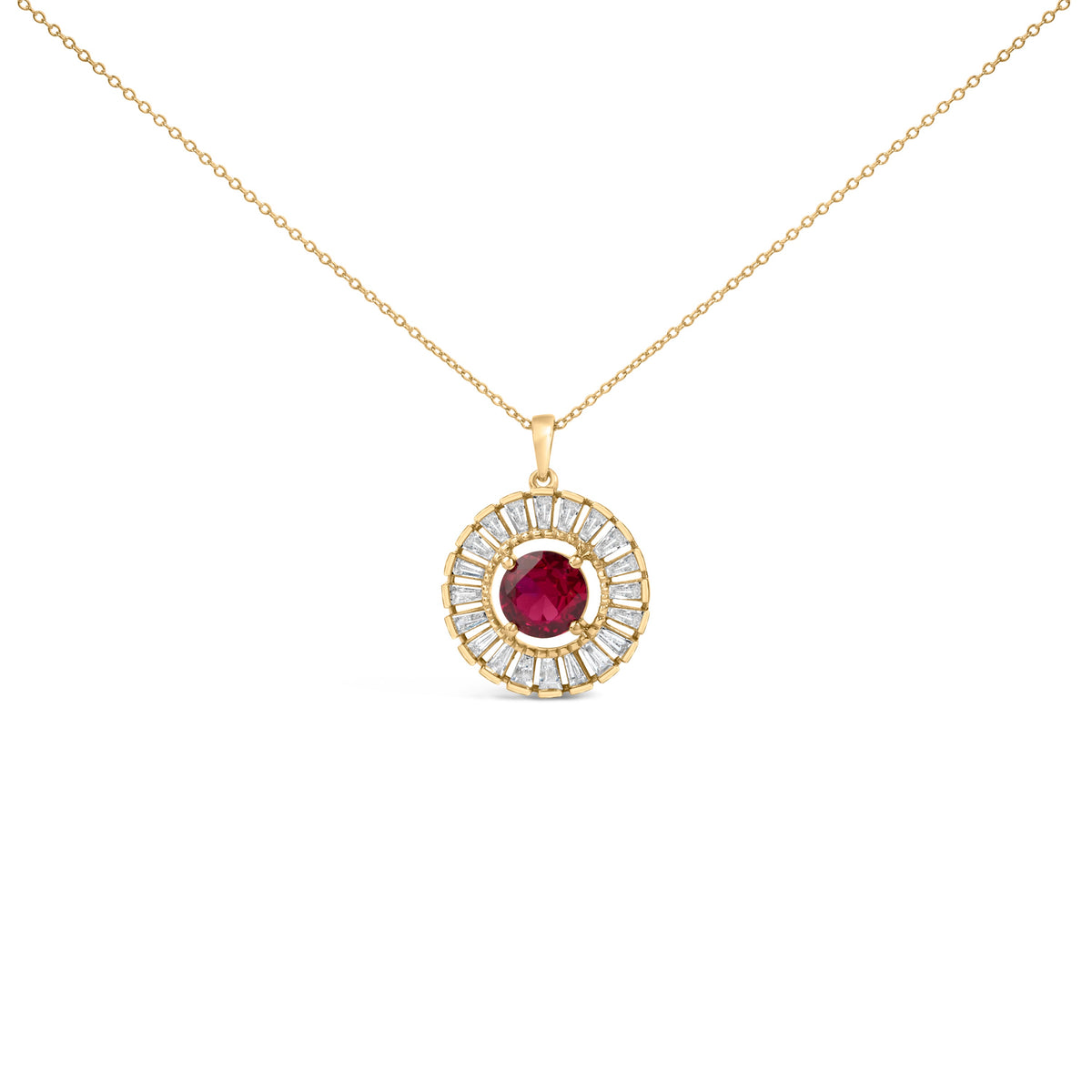 14K Yellow Gold Plated Sterling Silver Created Red Ruby and Diamond Medallion Pendant Necklace