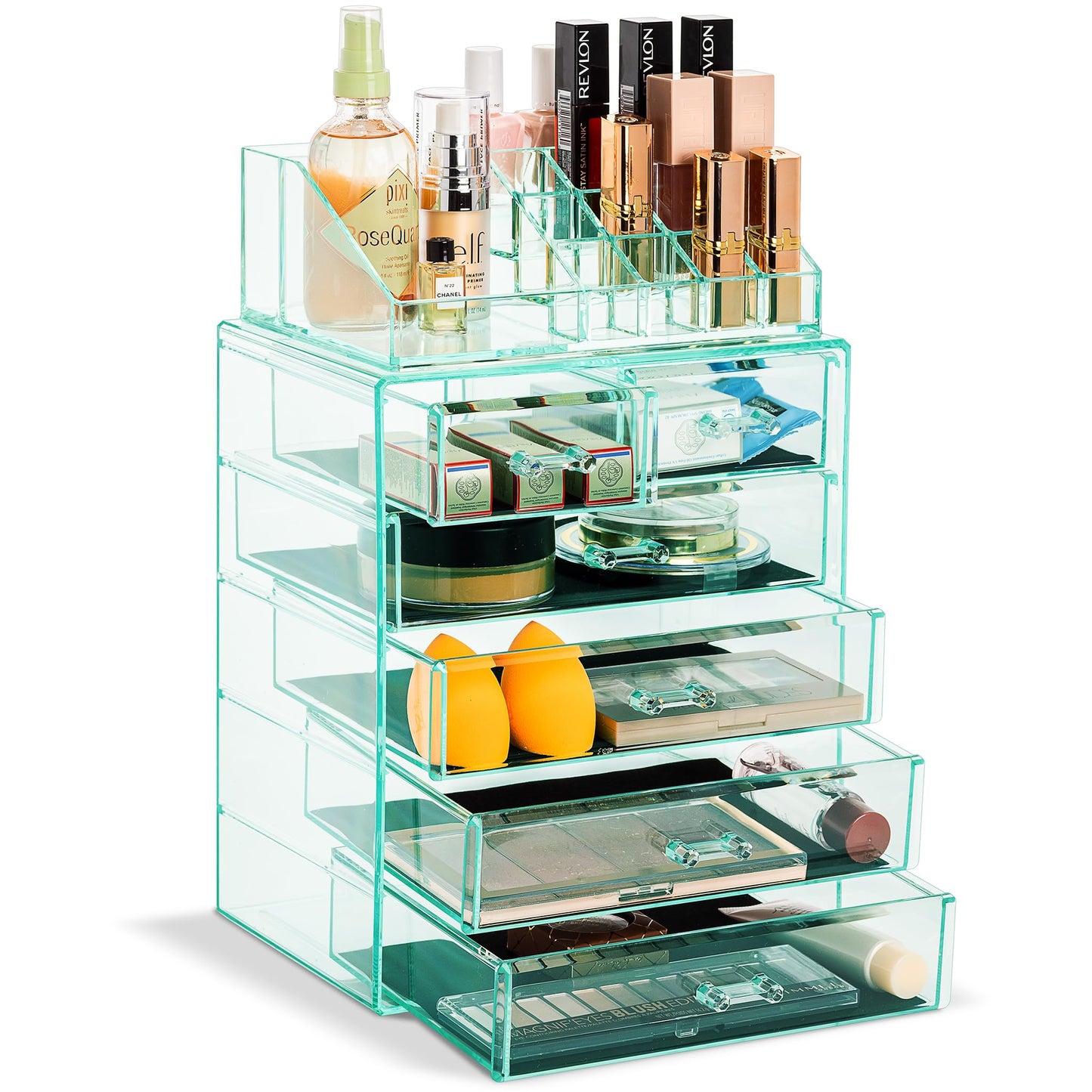 Acrylic Makeup Organizer Set, 7-Drawer Vanity & Countertop Cosmetic Storage with Small & Wide Compartments, Clear Makeup Storage for Brushes, Lipsticks, Jewelry