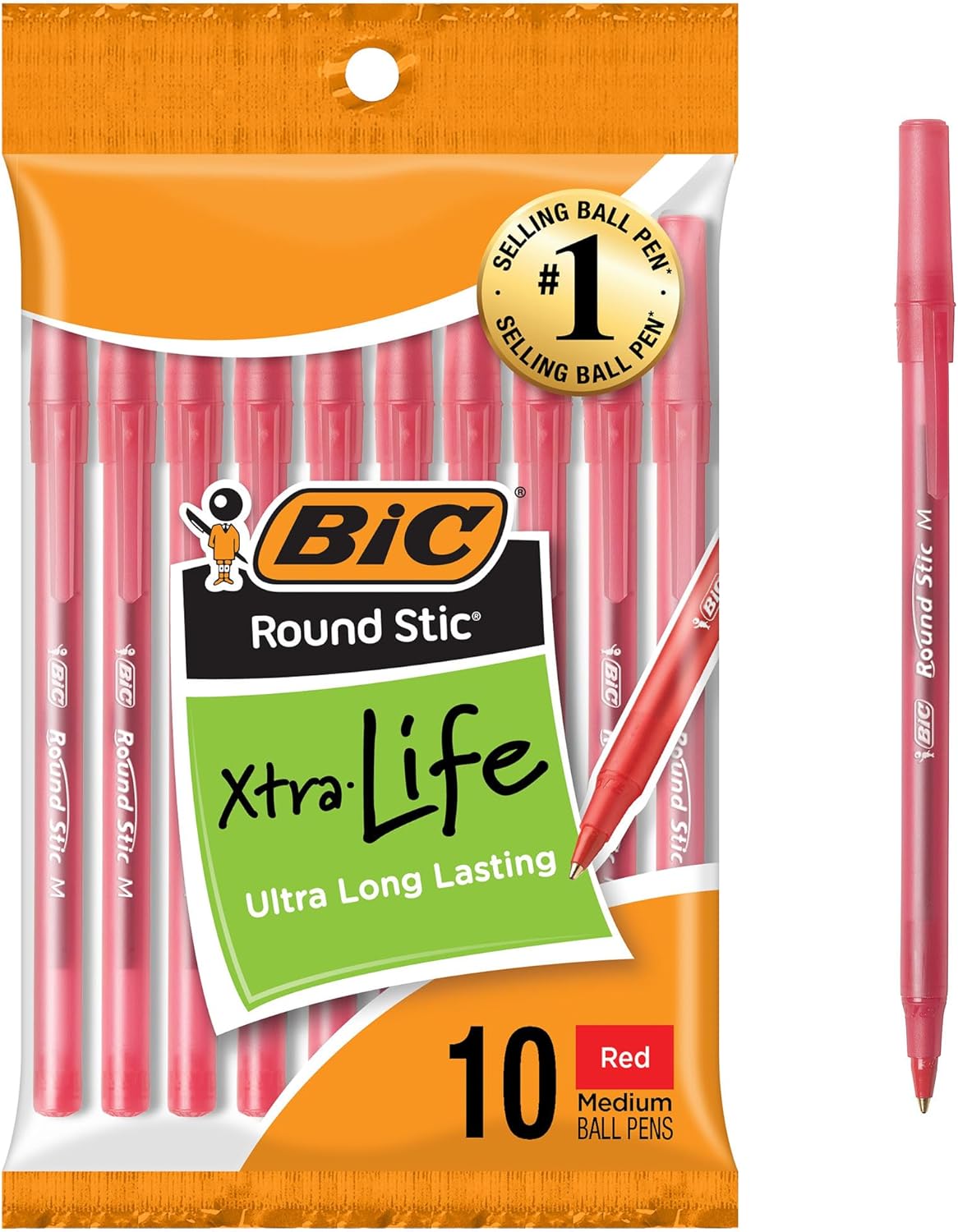 BIC Round Stic Xtra Life Black Ballpoint Pens, Medium Point (1.0mm), 10-Count Pack of Bulk Pens, Flexible Round Barrel for Writing Comfort, No. 1 Selling Ballpoint Pens