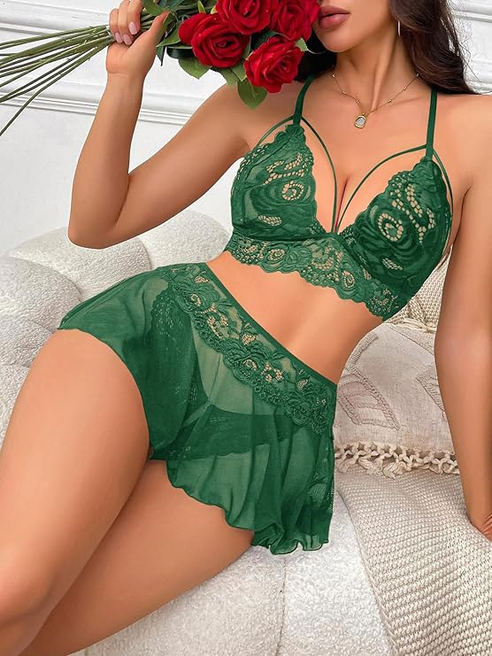 Sexy Lingerie for Women Naughty 3 Piece Lace Bralette, Mini Skirt with G-String Crotchless Lingerie Outfits