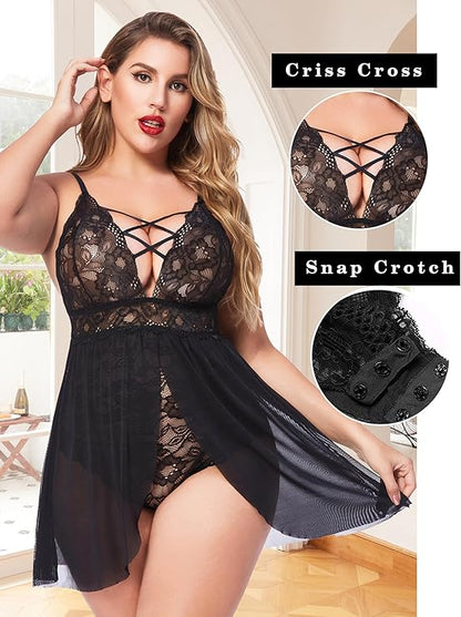Plus Size Babydoll Womens Snap Crotch Lingerie V Neck Lace Nighty Sleepwear L-5XL