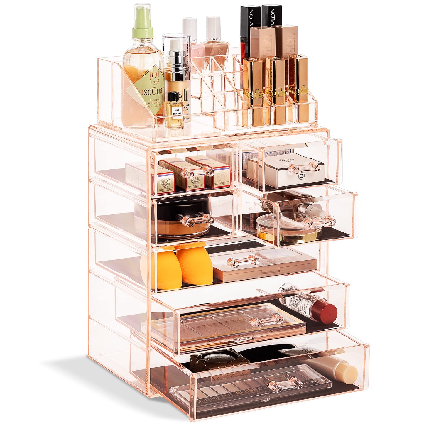 Acrylic Makeup Organizer Set, 7-Drawer Vanity & Countertop Cosmetic Storage with Small & Wide Compartments, Clear Makeup Storage for Brushes, Lipsticks, Jewelry