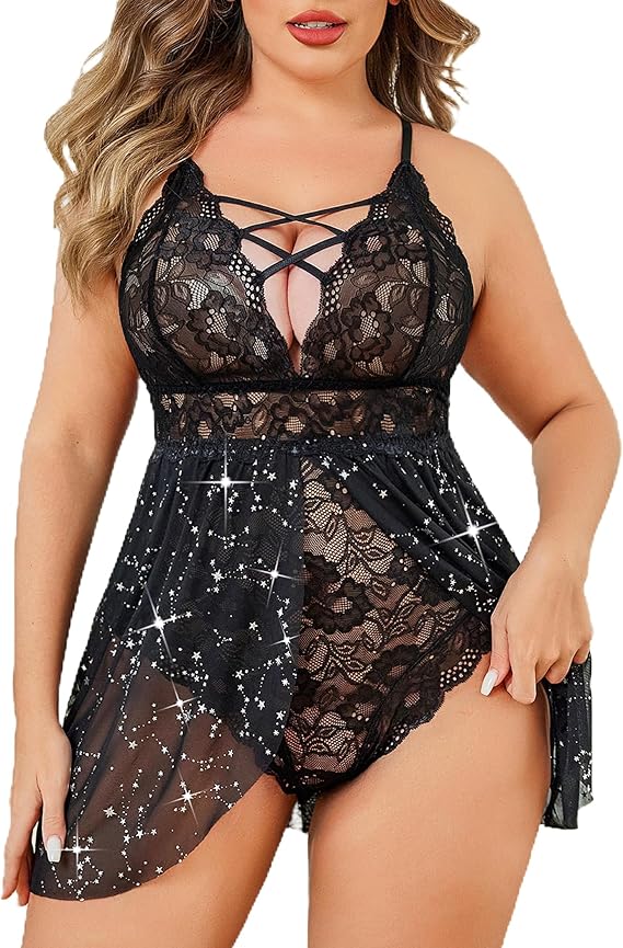 Plus Size Babydoll Womens Snap Crotch Lingerie V Neck Lace Nighty Sleepwear L-5XL