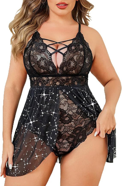 Plus Size Babydoll Womens Snap Crotch Lingerie V Neck Lace Nighty Sleepwear L-5XL