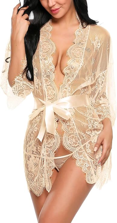 Lace Kimono Robe Babydoll Lingerie Mesh Nightgown S-5XL