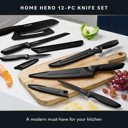 High Carbon Stainless Steel Knife Set - Chef Knife Set Precision Slicing & Versatility - Nonstick Ceramic Coated Blades & Easy Cleaning - Ergonomic Handles & Secure Grip - 12-Piece, Black