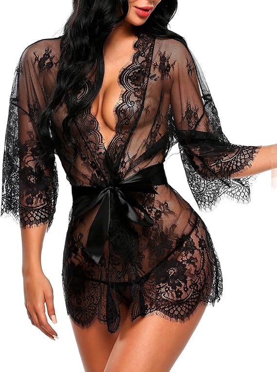 Lace Kimono Robe Babydoll Lingerie Mesh Nightgown S-5XL
