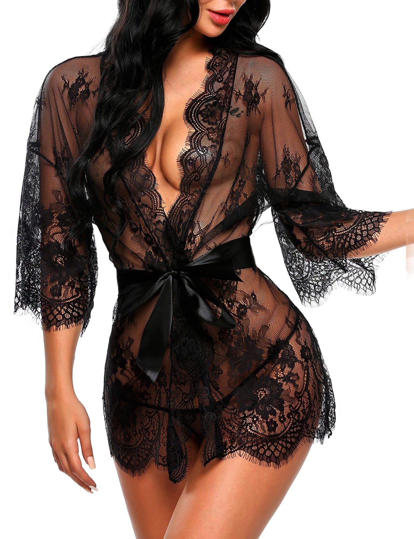 Lace Kimono Robe Babydoll Lingerie Mesh Nightgown S-5XL