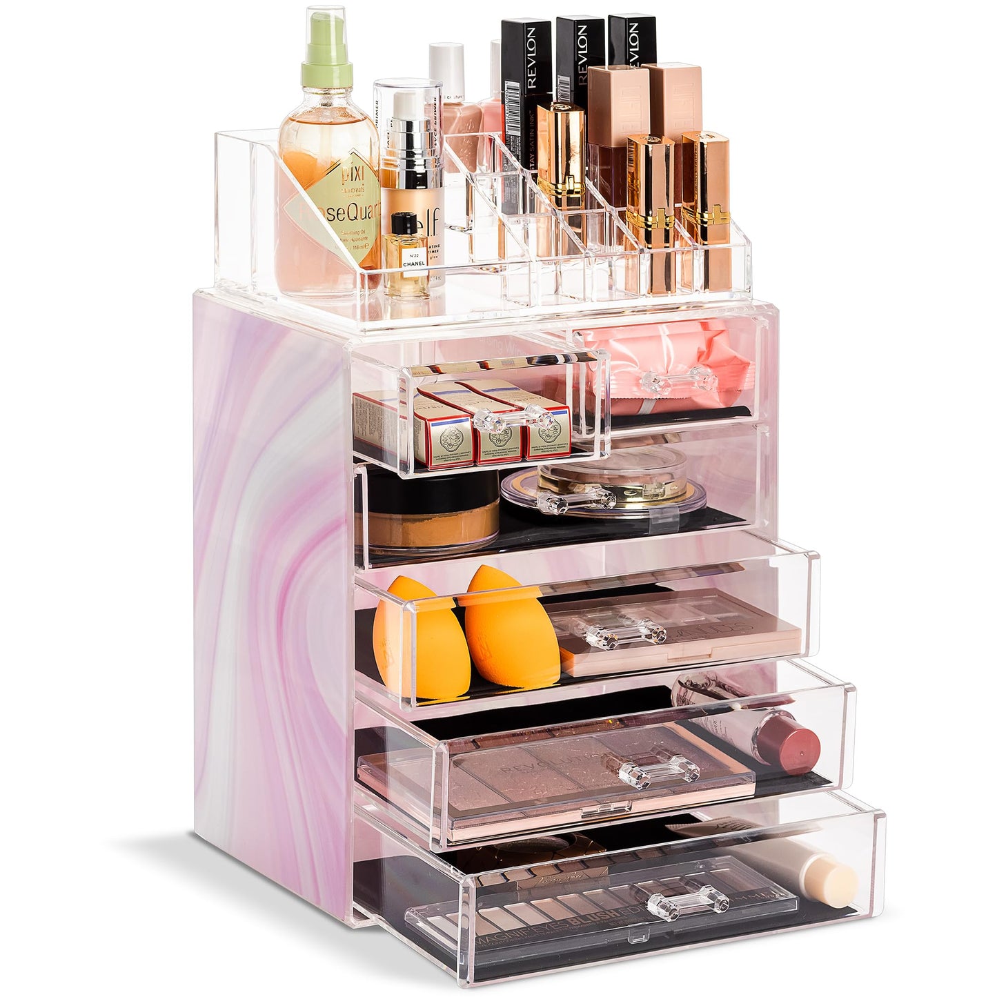 Acrylic Makeup Organizer Set, 7-Drawer Vanity & Countertop Cosmetic Storage with Small & Wide Compartments, Clear Makeup Storage for Brushes, Lipsticks, Jewelry