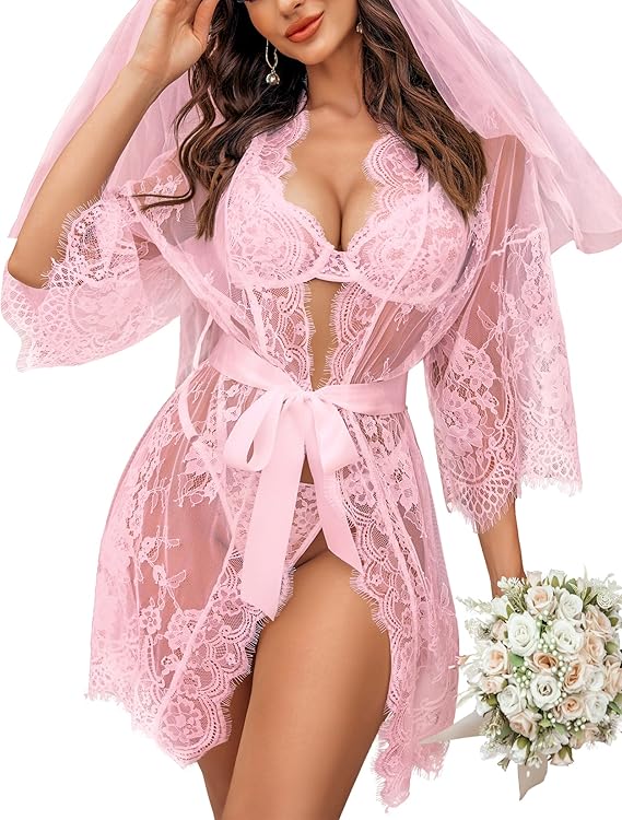 Lace Kimono Robe Babydoll Lingerie Mesh Nightgown S-5XL