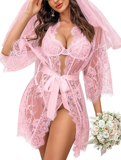 Lace Kimono Robe Babydoll Lingerie Mesh Nightgown S-5XL