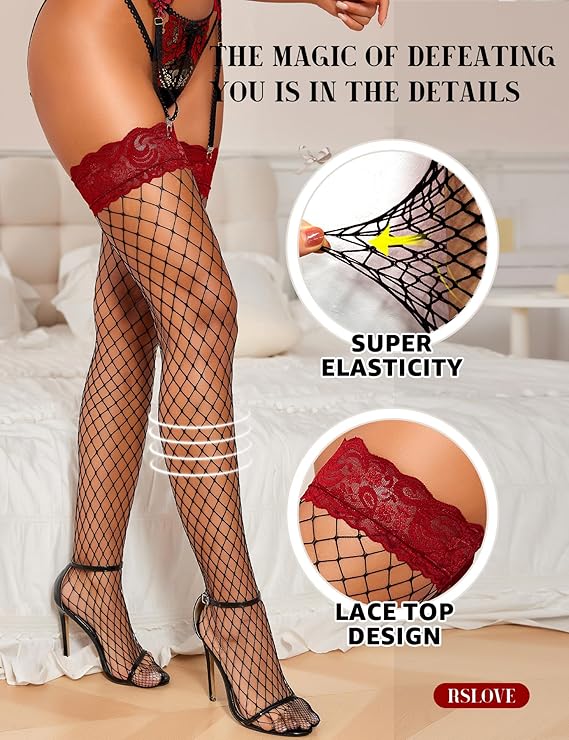 Lace Top Fishnet Thigh-High Stockings with Antiskid Silicone Sexy Stay Up Tights Pantyhose