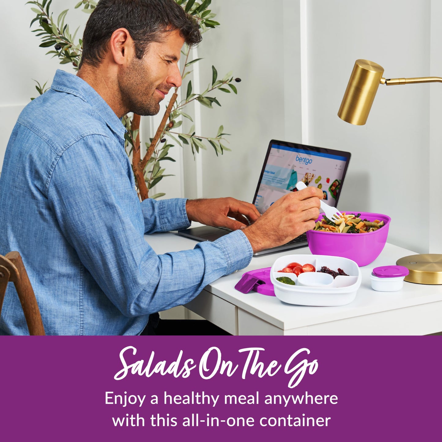 Salad Container - 54 oz Bowl with 4-Compartment Toppings Tray, Leak-Proof Dressing Container, Reusable Fork, BPA-Free Lunch Box for Meal Prep & Food Storage; Removable Bento Tray