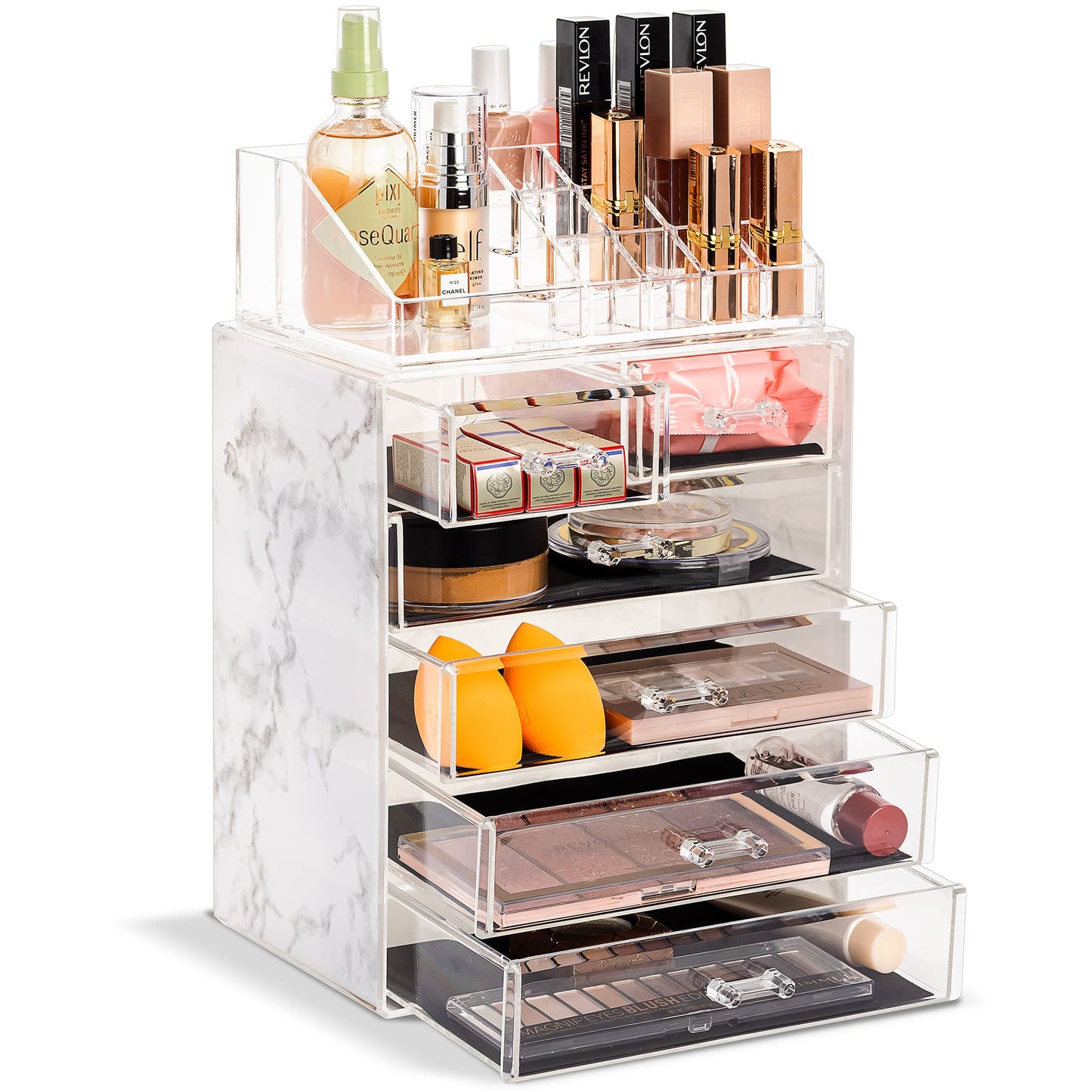 Acrylic Makeup Organizer Set, 7-Drawer Vanity & Countertop Cosmetic Storage with Small & Wide Compartments, Clear Makeup Storage for Brushes, Lipsticks, Jewelry