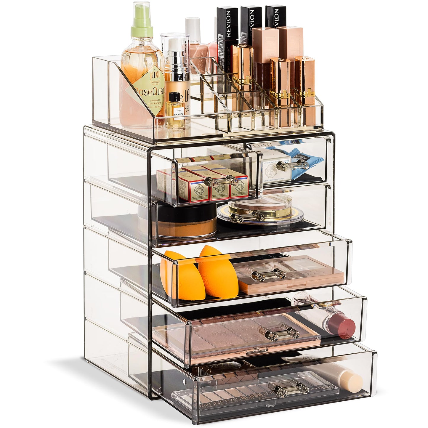 Acrylic Makeup Organizer Set, 7-Drawer Vanity & Countertop Cosmetic Storage with Small & Wide Compartments, Clear Makeup Storage for Brushes, Lipsticks, Jewelry