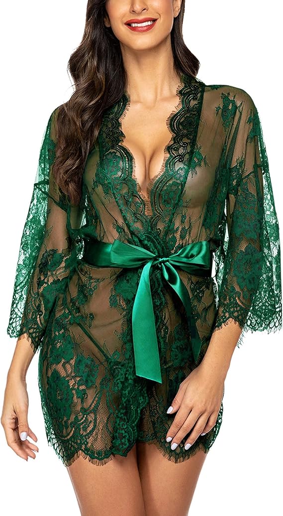 Lace Kimono Robe Babydoll Lingerie Mesh Nightgown S-5XL