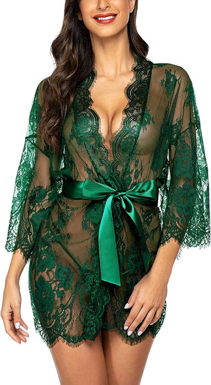 Lace Kimono Robe Babydoll Lingerie Mesh Nightgown S-5XL