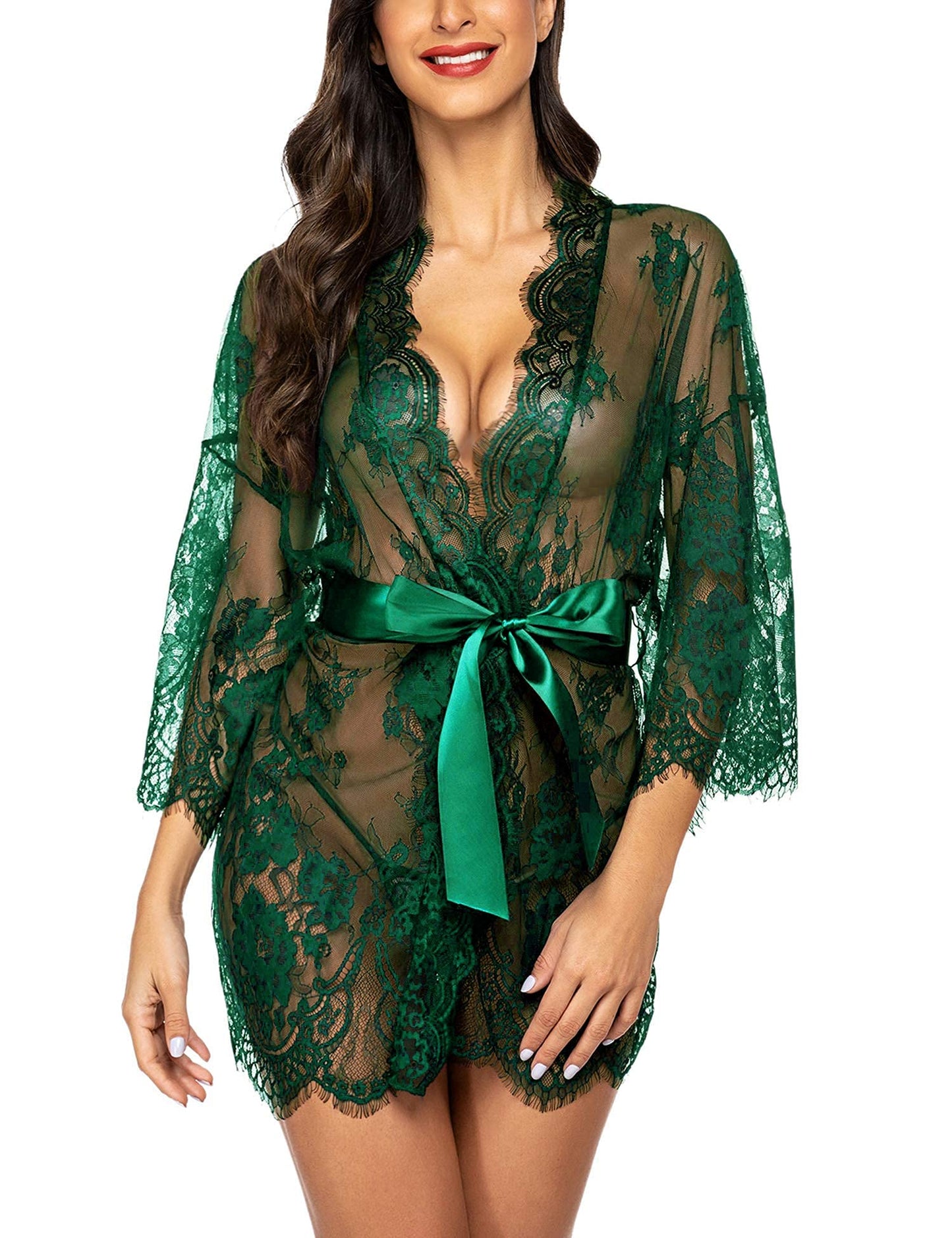 Lace Kimono Robe Babydoll Lingerie Mesh Nightgown S-5XL