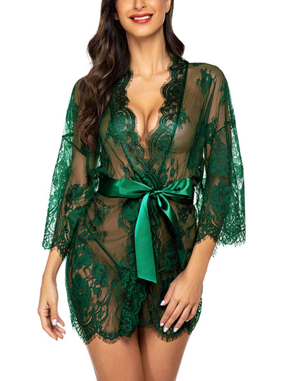 Lace Kimono Robe Babydoll Lingerie Mesh Nightgown S-5XL