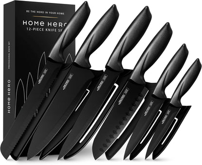 High Carbon Stainless Steel Knife Set - Chef Knife Set Precision Slicing & Versatility - Nonstick Ceramic Coated Blades & Easy Cleaning - Ergonomic Handles & Secure Grip - 12-Piece, Black