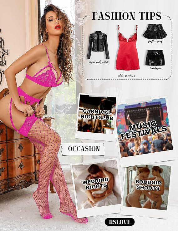 Lace Top Fishnet Thigh-High Stockings with Antiskid Silicone Sexy Stay Up Tights Pantyhose